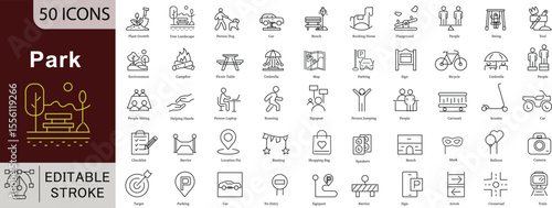 Park and Recreation Editable Line Icons Set - 50 Vector Outdoor Activity Symbols for Camping Hiking Sports Design Projects