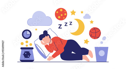 Dreaming bliss: flat style vector illustration of peaceful sleep with celestial elements for poster or card design