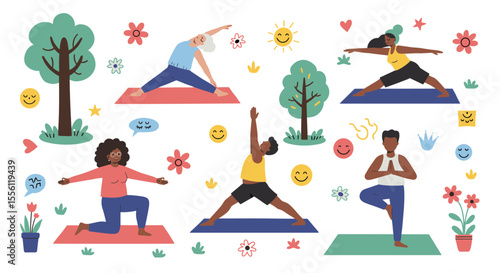 Multicultural yoga practices in nature vector illustration for mindfulness and meditation design