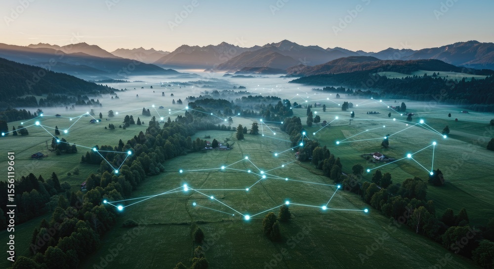 Obraz premium Aerial view of interconnected rural landscape at dawn