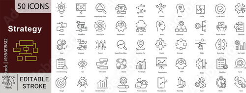 Strategy Business Planning Line Icons Set - 50 Editable Vector Symbols for Management Goal Achievement Success Design Projects

