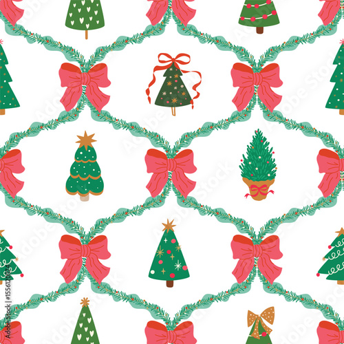 Christmas coquette seamless pattern, trellis ornament, pink bow knots, ribbon, preppy Christmas tree. Vector damask wallpaper, retro winter holiday textile design, print, background. New year wrapping