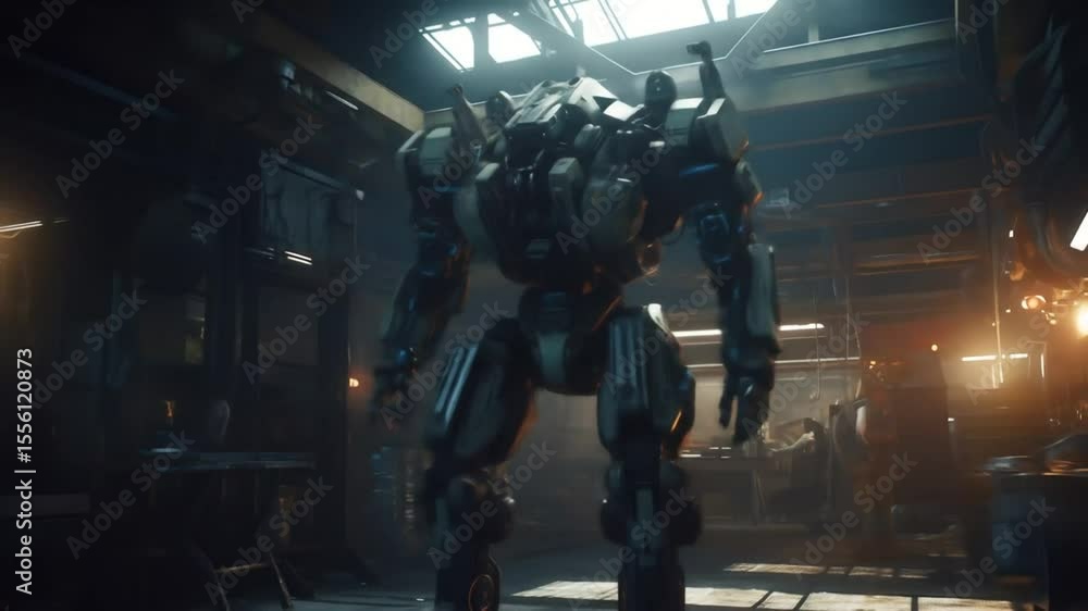 Robot stands in industrial interior Robot stands in industrial interior
