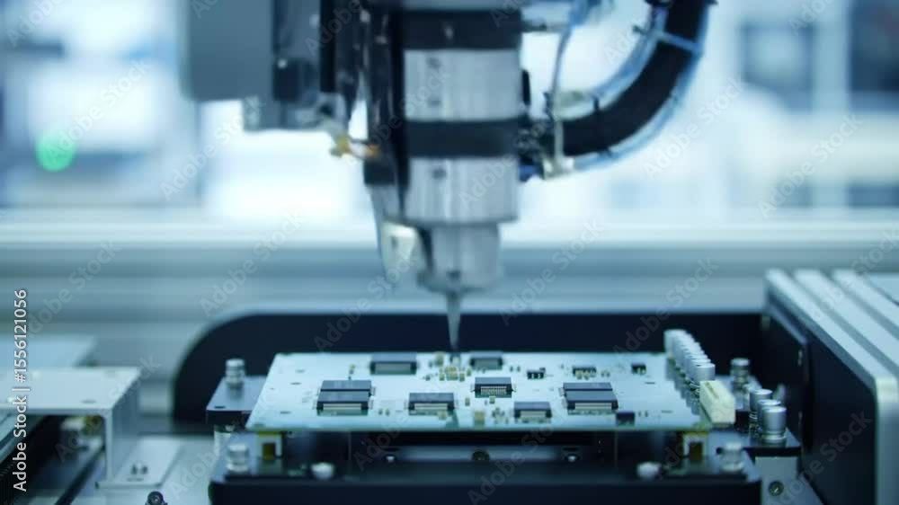 Robotic arm placing components on circuit board Robotic arm placing components on circuit board