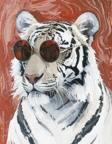 A highly stylized engraving-style illustration of a tiger, wearing oversized round