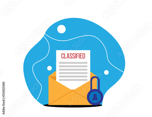 Classified Document with Lock and Envelope Flat Style. Business official documentation and data protection privacy vector art