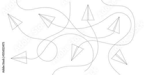 Line Art Paper Planes with Flight Traces Background. Business development direction and vision concept vector art