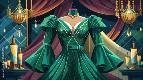 A deep emerald green cocktail dress with asymmetrical cuts and mesh sleeves glistens under chandelier light. The fabric falls perfectly over a velvet armchair. Soft shadows, golden accessories, and 