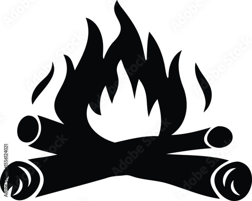 Silhouette of campfire with logs and flames in black on white background