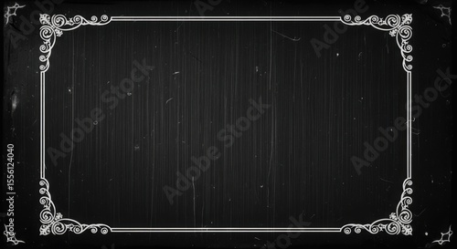 Vintage black and white silent film frame with ornate floral corner border, old retro movie background with copy space ideal for text overlay
