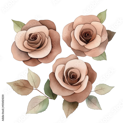 Beautiful watercolor roses with soft brown tones and delicate leaves create serene atmosphere