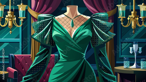 A deep emerald green cocktail dress with asymmetrical cuts and mesh sleeves glistens under chandelier light. The fabric falls perfectly over a velvet armchair. Soft shadows, golden accessories, and 