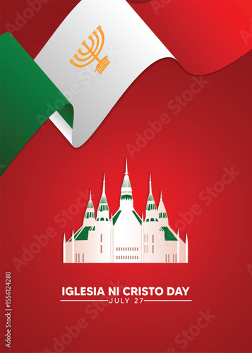 Iglesia Ni Cristo Day July 27 waving flag ribbon vector poster