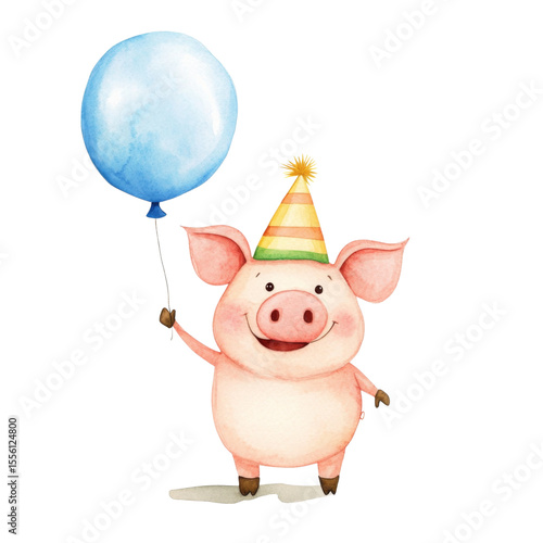 Cute pig holding blue balloon, wearing party hat, celebrating joyfully