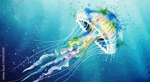  A dreamy underwater watercolor of a jellyfish in motion, enhanced with flowing splashes and ocean-inspired colors.