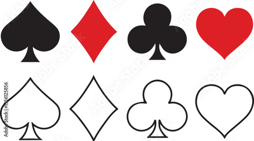 Playing Card Suit Icons on White Background – Vector Set of Spades, Hearts, Clubs, and Diamonds Symbols .PNG/JPEG/EPS