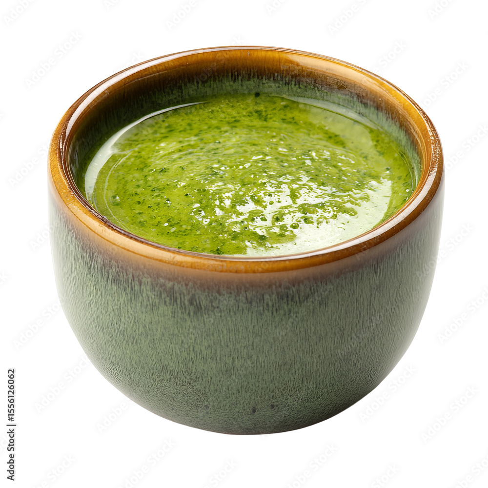Vibrant Green Sauce in a Ceramic Bowl: A tantalizing close-up showcases a bowl of lush green sauce, its texture hinting at freshness and flavor, ready to elevate any dish. Vibrant Green Sauce in a Ceramic Bowl: A tantalizing close-up showcases a bowl of lush green sauce, its texture hinting at freshness and flavor, ready to elevate any dish.