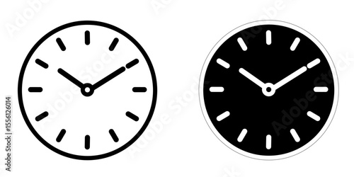 Minimalist vector illustration of two analog clocks one in white with black hands and one in black with white hands displaying synchronized times. Featuring high contrast and modern composition