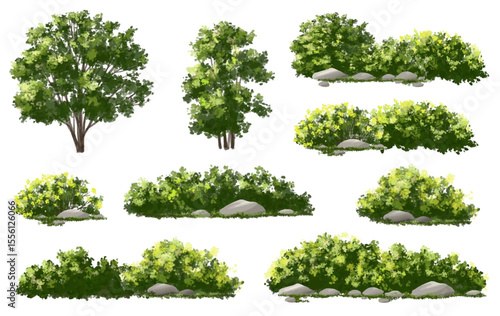 Vertor set of green tree,plants side view for landscape elevations,element for backdrop,eco environment concept design,watercolor greenery scene