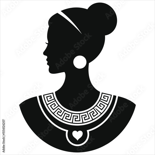 (Greek or Roman inspired necklace) Elegant Profile Silhouette of a Woman with Greek-Inspired Jewelry/A sophisticated black and white silhouette of a woman in profile view, adorned with a Greek-key pat