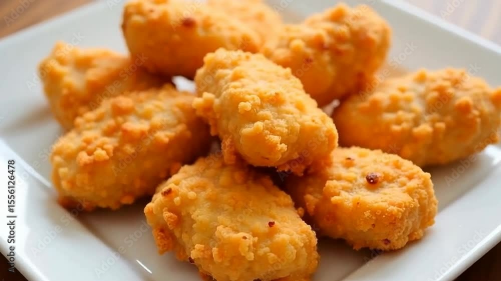 A plate of crispy golden chicken nuggets served with a small cup of ketchup. A plate of crispy golden chicken nuggets served with a small cup of ketchup.