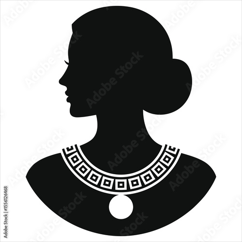 (Greek or Roman inspired necklace) Elegant Profile Silhouette of a Woman with Ornate Necklace/A stylish black and white profile silhouette of a woman wearing a necklace with geometric pattern