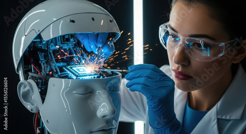 Technician repairing a glowing chip inside an open robot head. AI emotions, ethics, and human-robot interaction concepts.