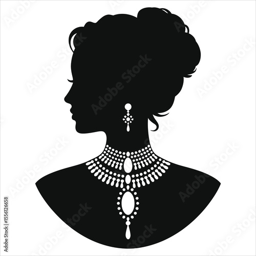 (Victorian vintage necklace)Elegant Silhouette of a Woman with Luxurious Jewelry/A sophisticated black and white silhouette of a woman in profile view, adorned with a detailed, multi-layered necklace 