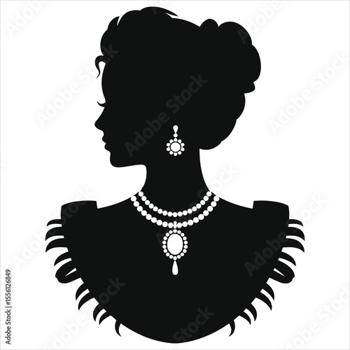 ( Victorian vintage necklace)Elegant Lady Silhouette with Exquisite Jewelry/A sophisticated black and white silhouette of a woman, viewed from the side, showcasing elaborate jewelry including a pearl 