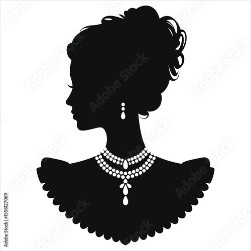 ( Victorian vintage necklace)Elegant Lady Silhouette with Pearls and Earrings/A sophisticated black and white silhouette of a woman, showcasing a adorned with elegant pearls and drop earrings