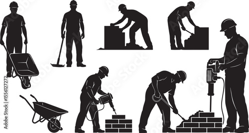 Construction Workers Silhouettes Diverse Building Trades Vector Illustration