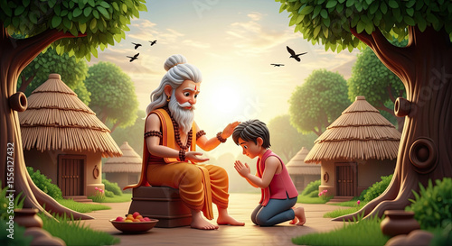 Wallpaper Mural Guru Purnima Blessings Scene – Devotee Paying Respect to Sage, Spiritual Illustration Honoring Ancient Indian Culture and Wisdom with Devotion and Guidance – Guru Purnima Special Torontodigital.ca