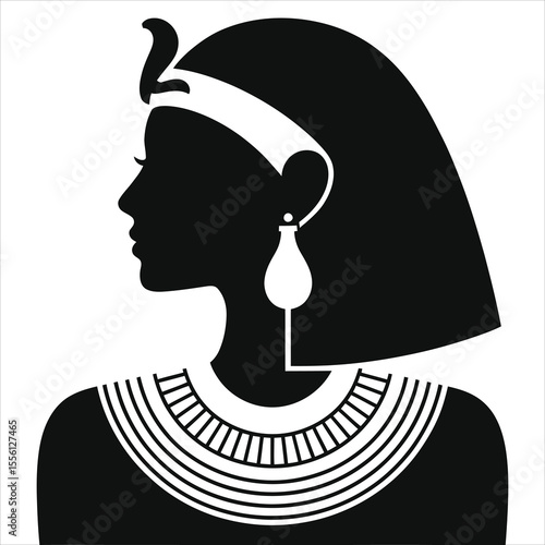 (Egyptian pharaoh-style necklace) Elegant Black and White Profile of an Egyptian Queen/A stylized silhouette of an Egyptian queen, perfect for showcasing regal beauty and ancient Egyptian culture