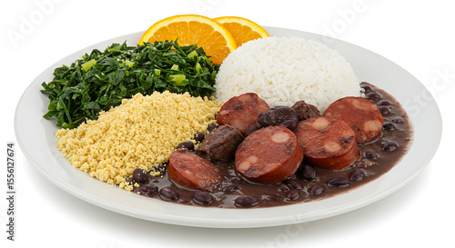 Close-up of a plate of feijoada with rice, farofa, orange slices, and collard greens, isolated on white — iconic Brazilian dish from Rio de Janeiro