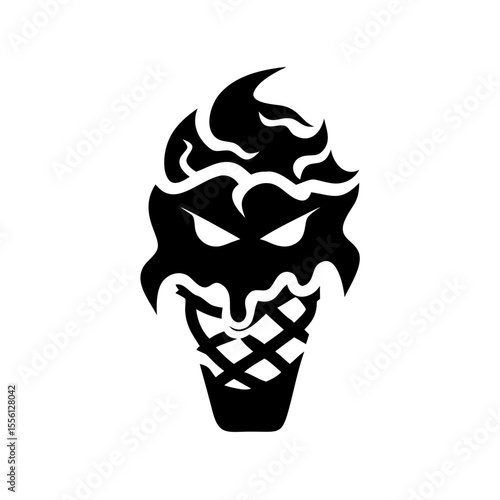 Stylized ice cream cone with evil face in black color