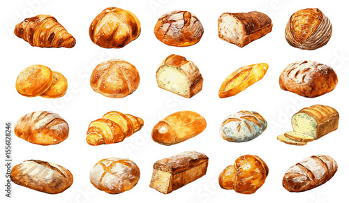 Watercolor bread set, bakery organic pastry, loaf, baguette, bun. Sourdough fresh bread vector