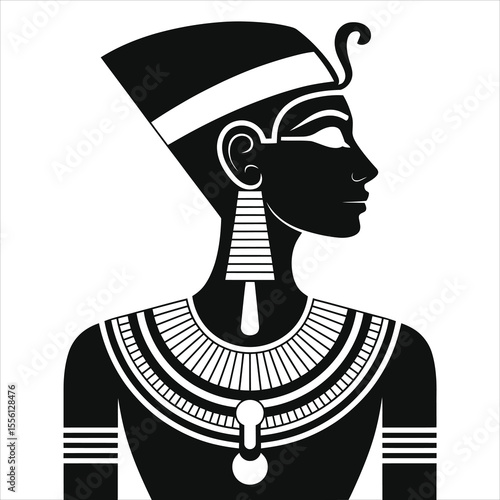 (Egyptian pharaoh-style necklace)Elegant Black and White Silhouette of an Egyptian Pharaoh/A stylized, profile view of an Egyptian pharaoh, rendered in bold black and white.