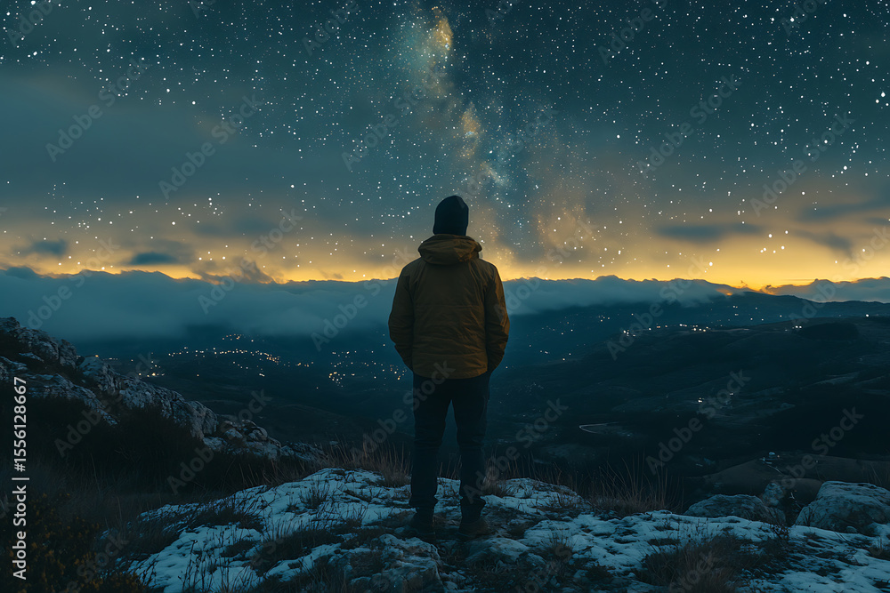 Obraz premium Man gazing at milky way from mountain peak observing the universe and night sky landscape