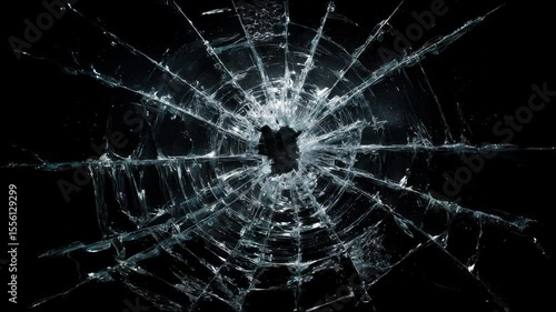 shattered broken glass car window on black background, for overlay and screen layer modes. Stop motion animation loop	

