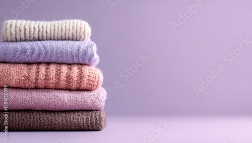 A neatly stacked pile of five pastel-colored knit sweaters on a lilac background