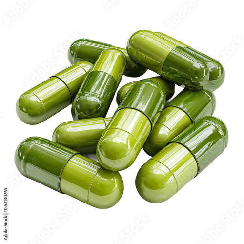 Green Pills: A close-up view showcases a collection of vibrant green pills, meticulously captured in a clean, sterile setting, symbolizing health, wellness, and pharmaceutical advancements.