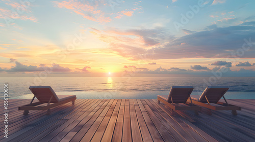 wooden deck, ocean view, empty sun loungers, sunrise, calm mood