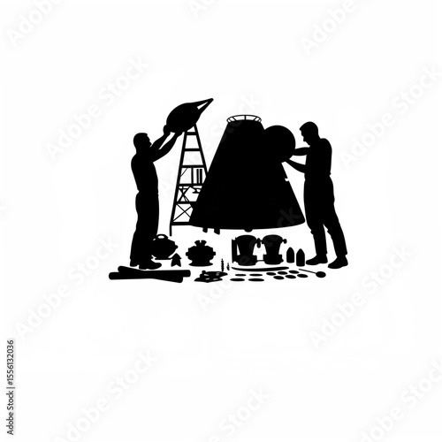 Silhouette of a team assembling parts of a spacecraft on white background