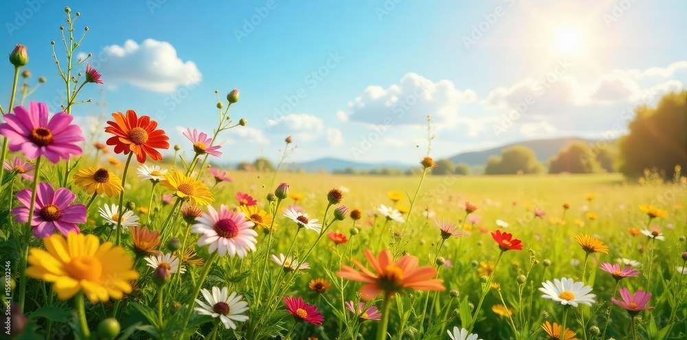 A vibrant, sun-drenched field of wildflowers swaying gently in the breeze, a picturesque summer scene perfect for any project needing a touch of nature's beauty , tranquil, growth, red A vibrant, sun-drenched field of wildflowers swaying gently in the breeze, a picturesque summer scene perfect for any project needing a touch of nature's beauty , tranquil, growth, red