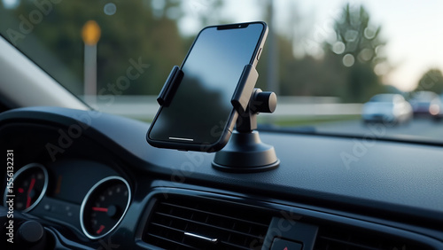 car dashboard with a cell phone holder attached to it, the speedometer, air conditioner, and other objects visible