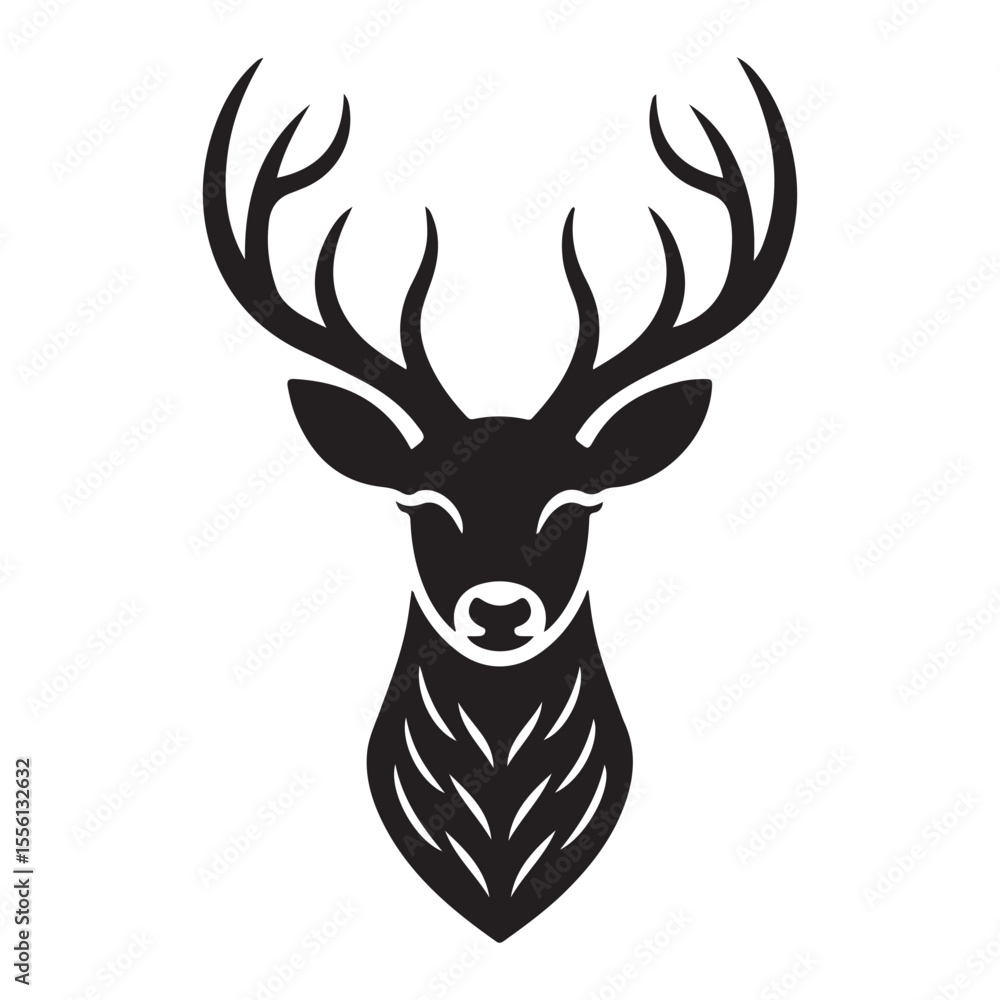 Fototapeta premium elegant black and white deer head silhouette with intricate antlers and chest design, ideal for tattoos, logos, wildlife and nature art