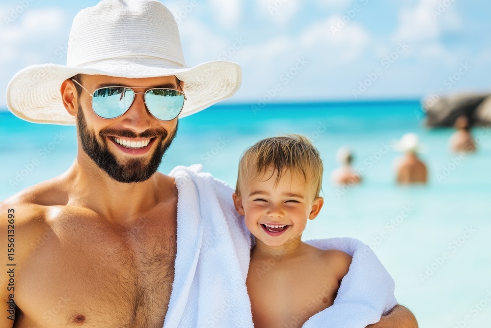 Parents carrying sleepy kids wrapped in towels after long beach day, soft golden light, loving mood Parents carrying sleepy kids wrapped in towels after long beach day, soft golden light, loving mood
