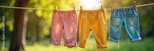 Close-up of comfortable pants hanging on a clothesline outdoors, gently swaying in the breeze Perfect for a nature, relaxation, or outdoor lifestyle theme , comfortable, movement, textile