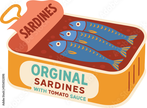 Original Sardines in Tomato Sauce Illustration Flat vector illustration of an open sardine can filled with sardines in tomato sauce