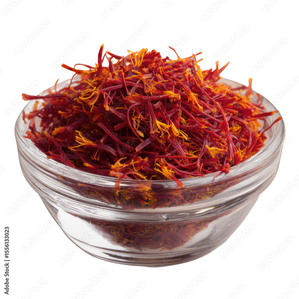 Fototapeta premium saffron strands in small bowl png, transparent background